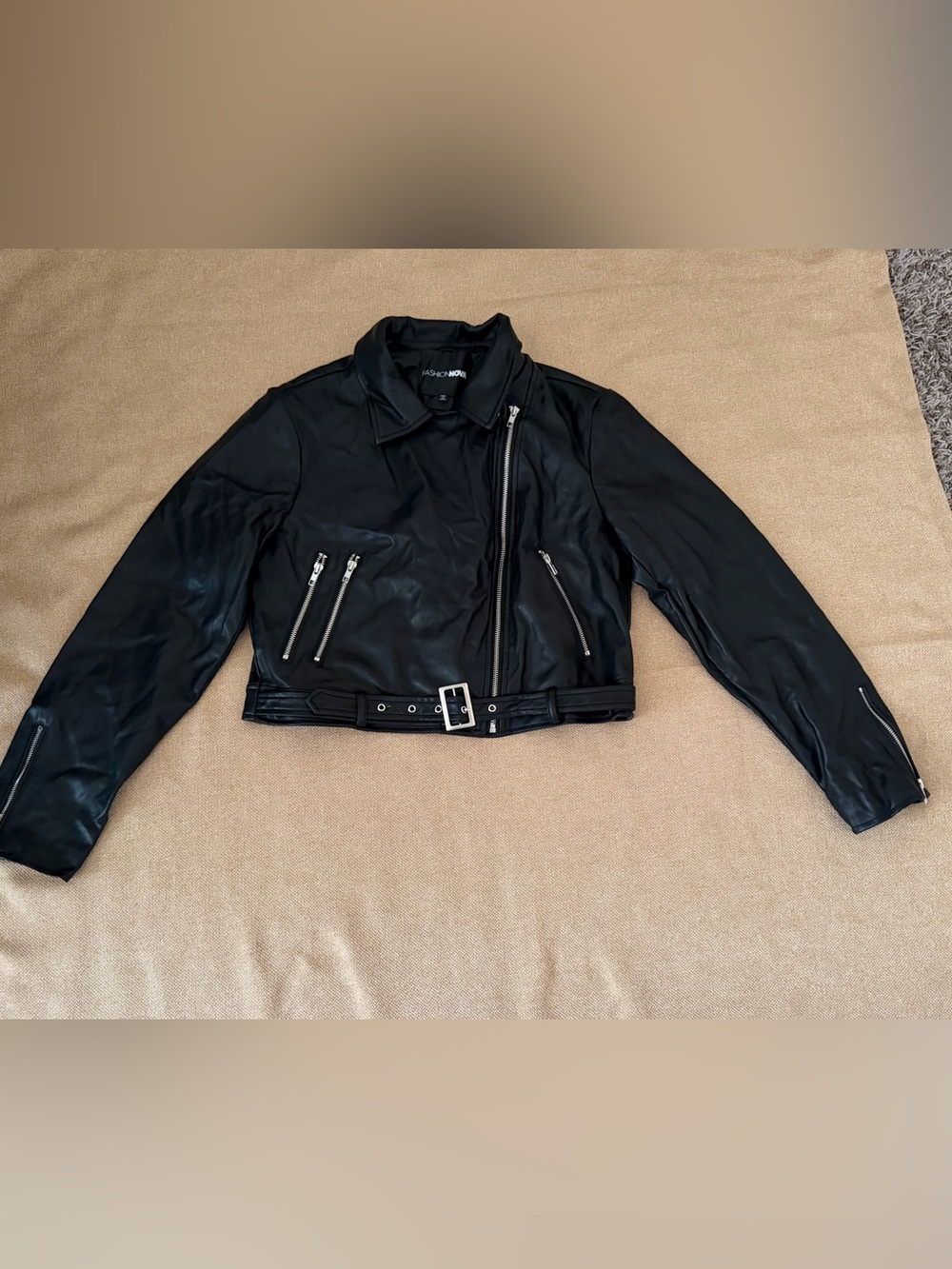 Fashion Nova Black Faux Leather Cropped Moto Jacket with Belted Waist